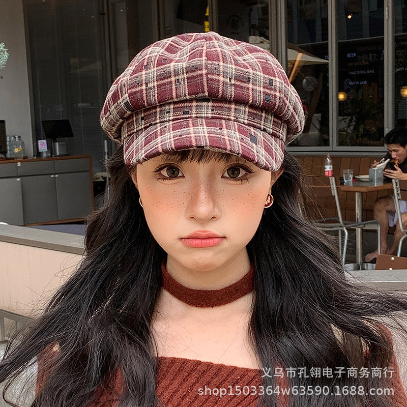 2025新款英伦复古格子八角帽子女春秋季户外休闲显脸小鸭舌画家帽|undefined