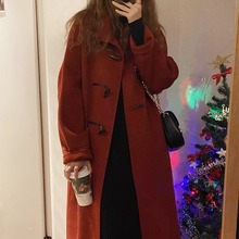 秋冬新款圣诞红牛角扣毛呢大衣女中长款赫本风小个子毛呢外套女