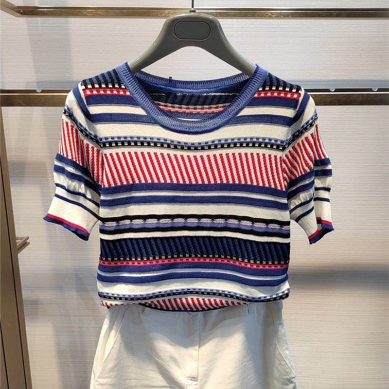 Gejia's New 2024 Summer Casual Versatile Ice Silk Stripesd Knitwear Colorful Short-Sleeved T-Shirt Women's Top 5399632