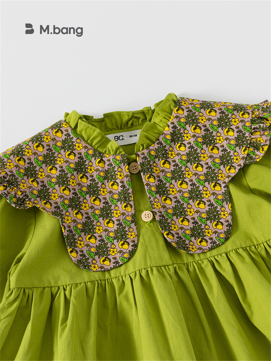 Ropa infantil Youbao, vestido de primavera y otoño estilo coreano para niñas, vestido verde aguacate con estampado floral y solapa grande, vestido para bebés pequeños 2026