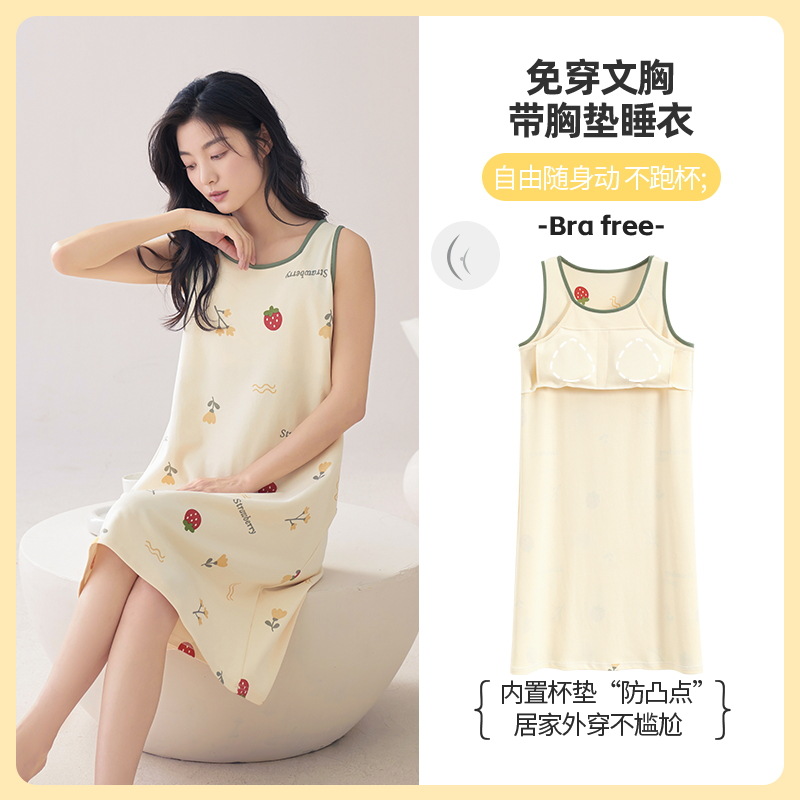 Vestido de chaleco de algodón de verano para mujer con almohadilla en el pecho sin mangas de algodón de dibujos animados de longitud media vestido homewear Pijamas
