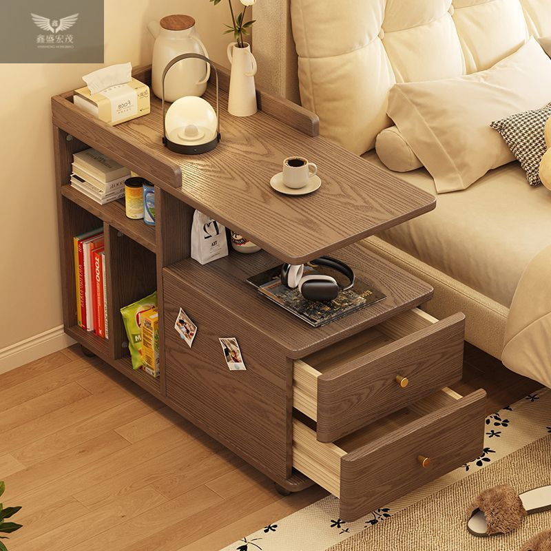 Mesa de té de lujo ligera con ruedas, estante de almacenamiento al lado de la cama, carro de madera sólida, tabla lateral móvil, sofá, gabinete lateral