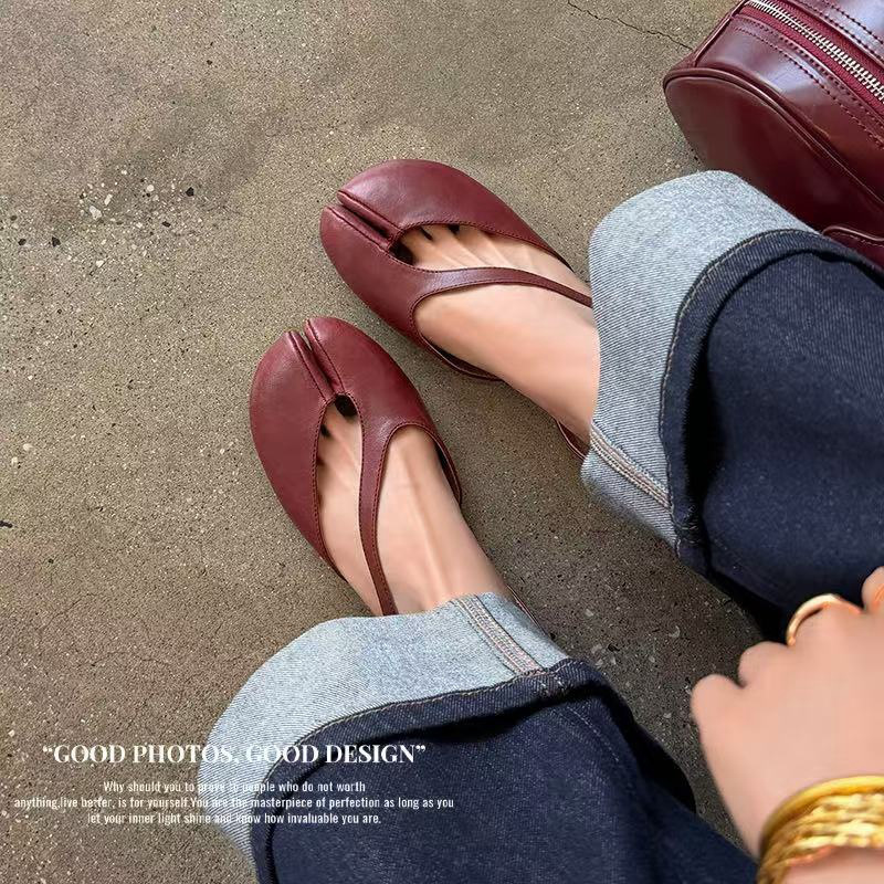 Sandal nữ da trâu chia ngón chân mũi trùm đế bệt — Đỏ (cao 1cm) chi tiết 6