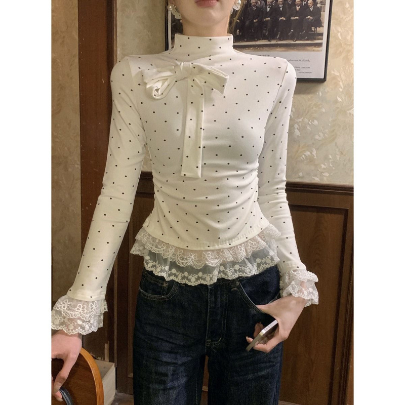 Wholesale White Polka Dot Half Turtleneck Inner Layering Shirt for Women Autum Slim Lace Long-Sleeved T-Shirt Top