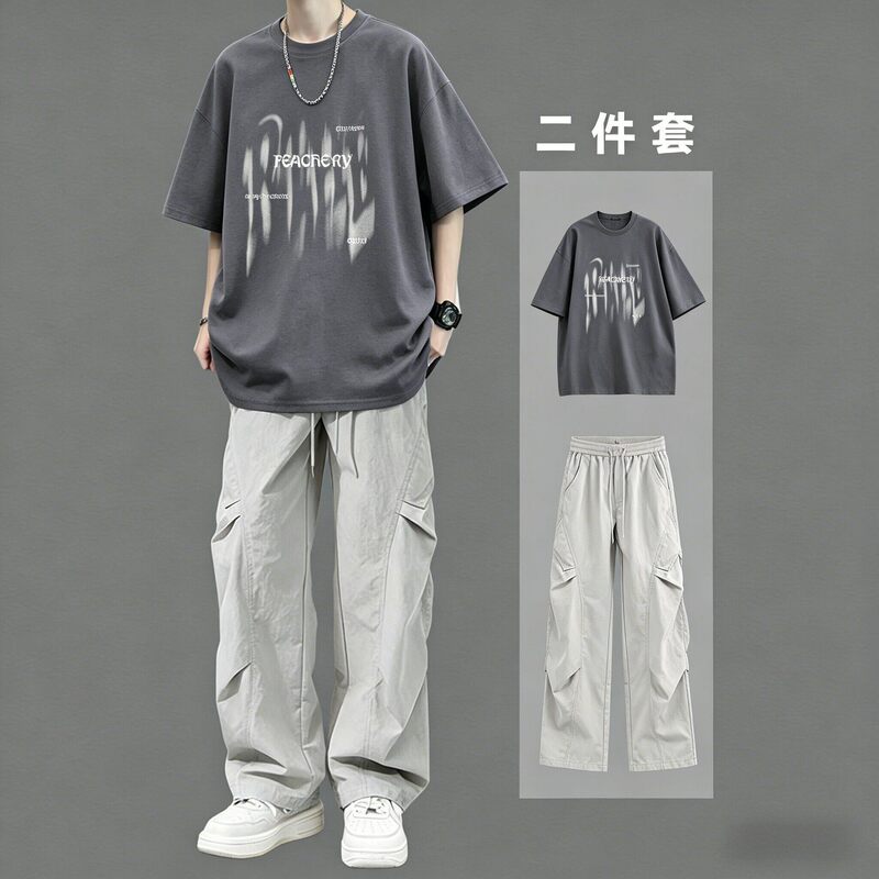 Pure Cotton Short-Sleeved T-Shirt for Boys, Ootd Outfit with Cargo Pants, Summer Casual Sportswear, Stylish and Trendy