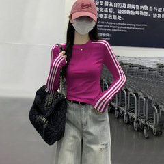 火龙果红拼接白色条纹插肩内搭长袖T恤女日系小个子打底衫上衣棉