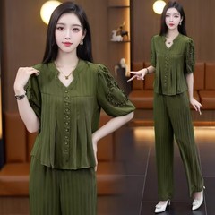 女性のためのハイエンドのアイスシルクファッションスーツ、夏の新しいスタイル、薄いスタイルのカジュアルなツーピーススーツの完全なセット