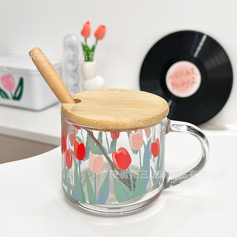 Taza de leche con tapa Taza de pajita Calefacción doméstica con cuchara Taza de impresión linda Taza de desayuno INS Taza de avena Estilo ins