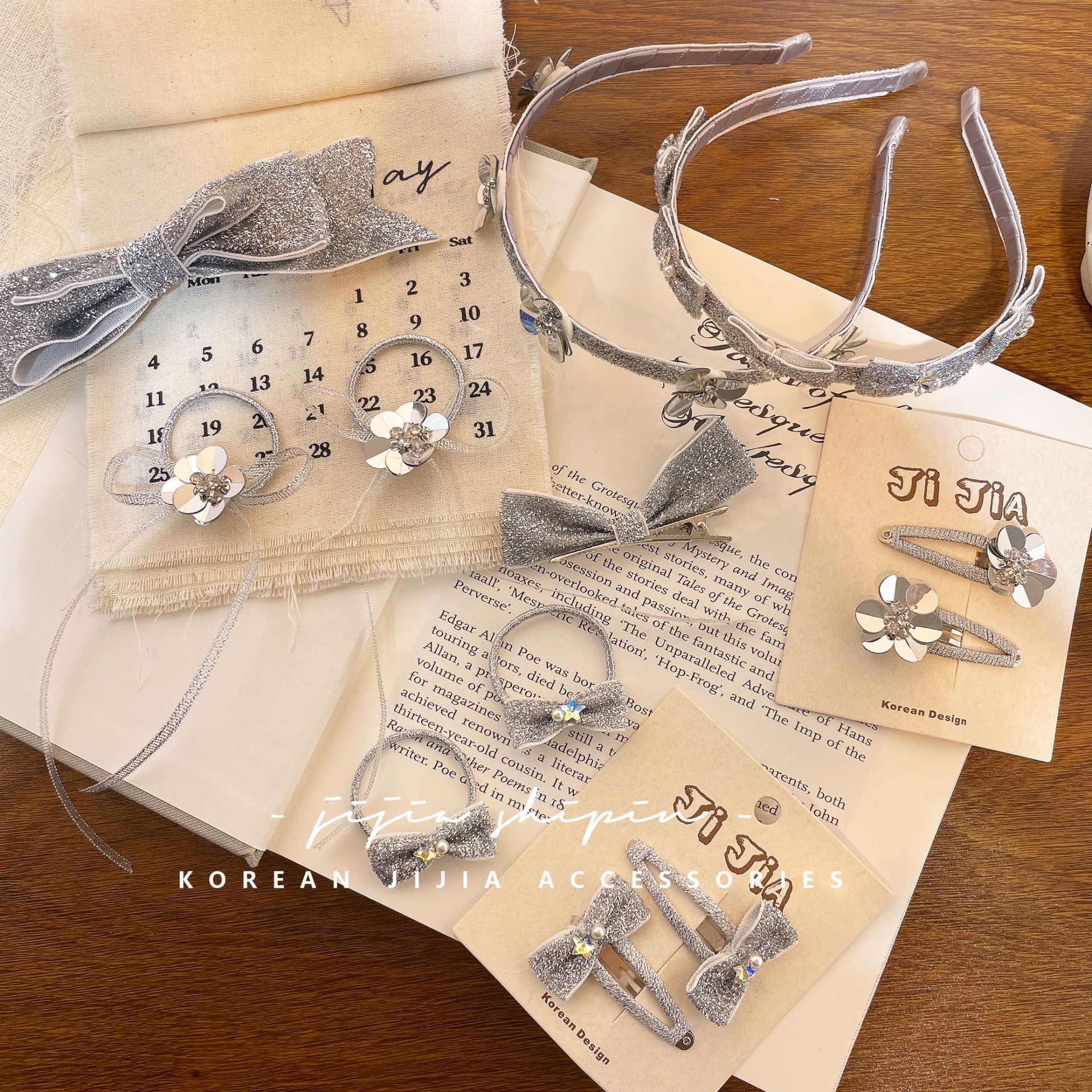 korean style silver paillette bow children‘s headband sweet tridimensional flower barrettes baby girl all-match hair accessories