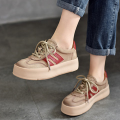 復古休閒德訓鞋女款2024春季新款真皮厚底系帶百搭低幫鞋圓頭中跟