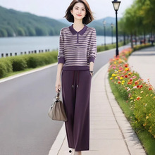 2025春秋新款中老年妈妈装时尚条纹polo针织衫松紧腰直筒裤两件套