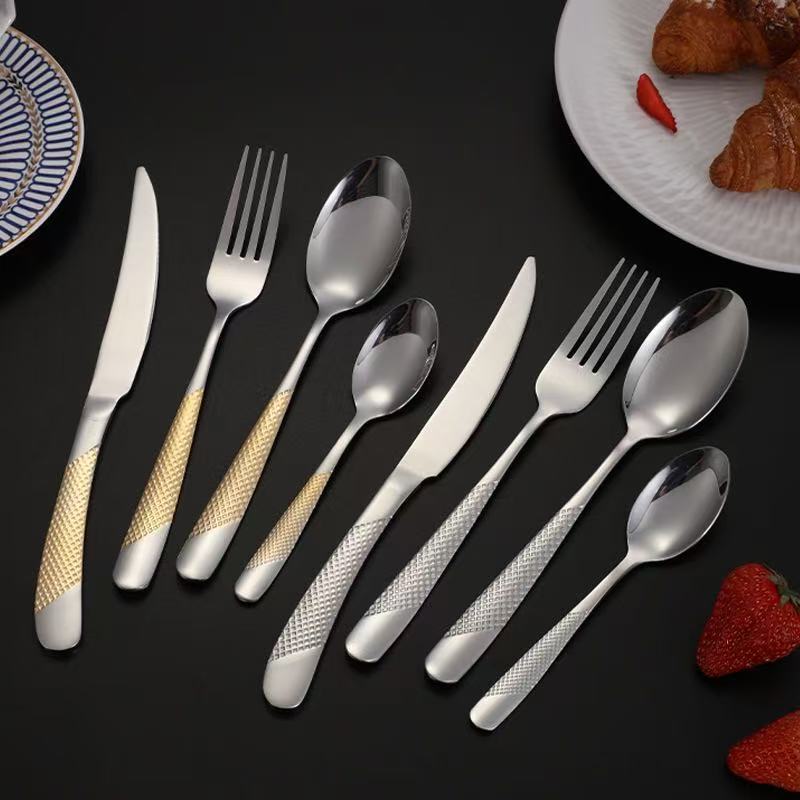 クロスボーダー410スタードリルナイフフォークスプーンステンレス食器洋食金メッキステーキナイフフォークホテル4点セット|undefined