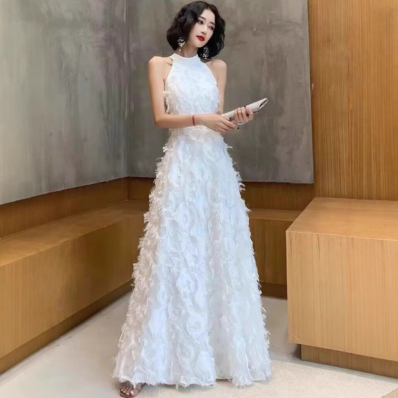 White Neck Dress 18-year-old Adult Ceremony Birthday Party dress Usually Wearing Sleeveless Long Evening Dress for Women