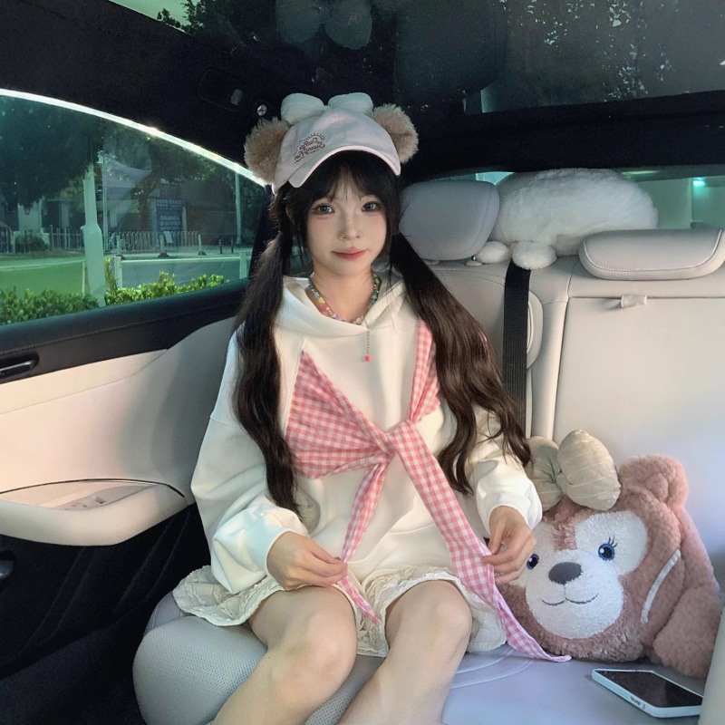 2025春秋款美式格子披肩蝴蝶结绑带连帽卫衣外套上衣|undefined