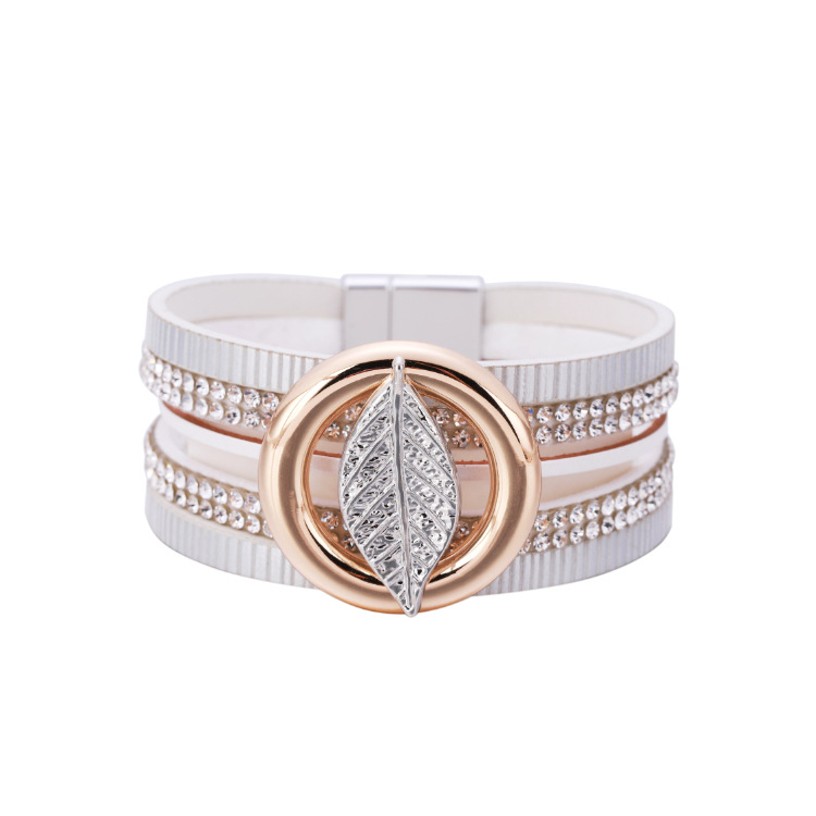 Bohemian Multilayer Hot Rhinestone Leaf Leather Bracelet