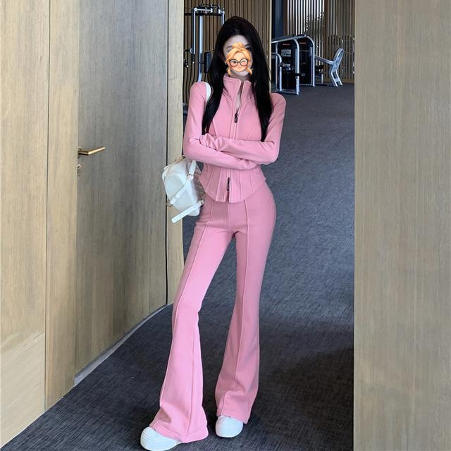 炸街网红套装女2025秋冬新款时尚休闲加绒修身短上衣运动微喇长裤|undefined