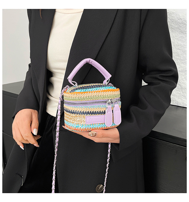 165g Weight Polyester Lining Material Weave Fashion Element Zipper Closure Type Top Handle, Chain Strap Type Crossbody Bag Bags Type Casual, Daily, Shopping Occasion Straw Material Multicolor Pattern Spring&Summer Season Women's Gender Vintage Style Style Cylindrical Shape Women's Straw Multicolor Vintage Style Weave Cylindrical Zipper Crossbody Bag 9
