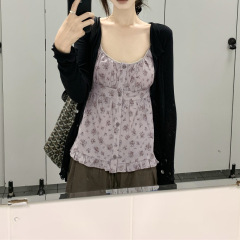 芊语 早秋韩系休闲穿搭一整套女夏季2025新款黑色开衫碎花吊带