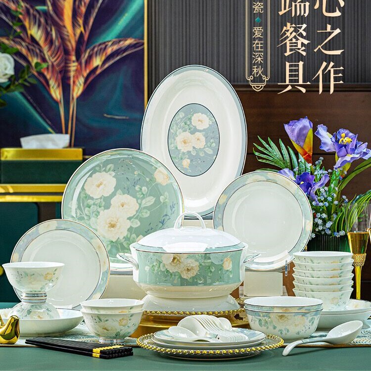 Bowl Household Tableware Set Chinese-Style Bowl and Plate Combination Ceramic Rice Bowl Plate Housewarming Bowl and Plate Fresh and Cute