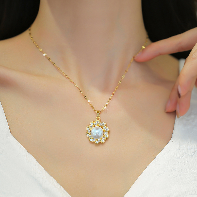 Fashion Flower Stainless Steel Brass Plating Inlay Pearl Zircon Womenu0027S Rings Necklace 1 Piece