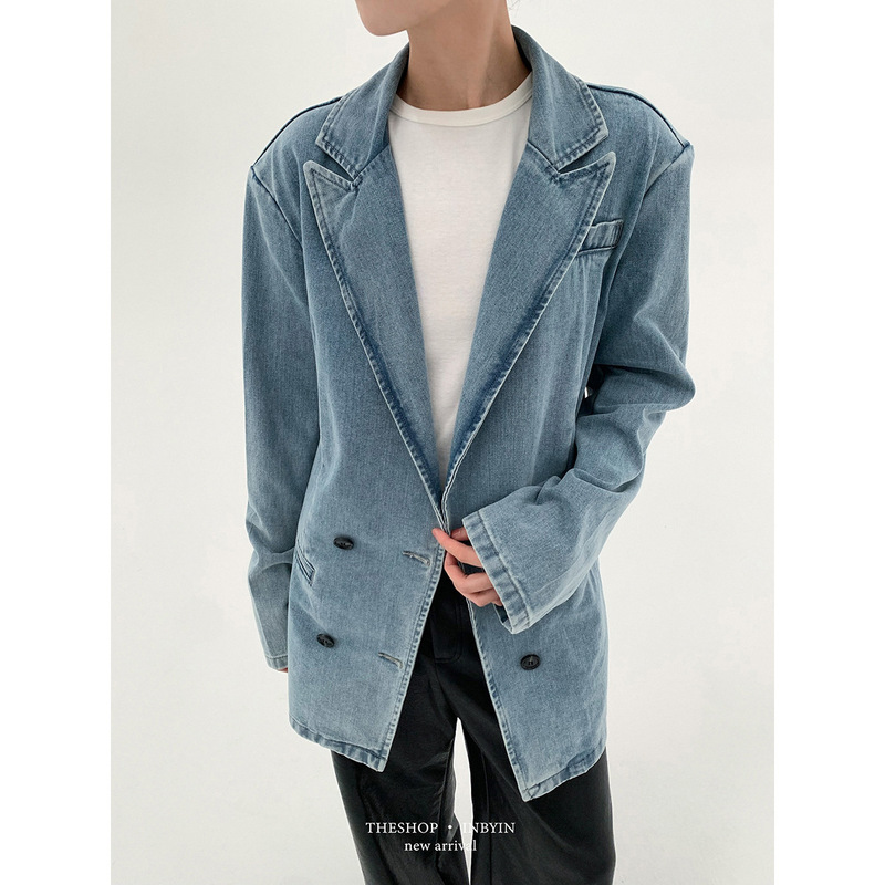 【No Returns or Exchanges】Suit-Style Loose Denim Jacket for Women, 2025 Autumn Mid-Length Slimming Shoulder-Padded Blazer
