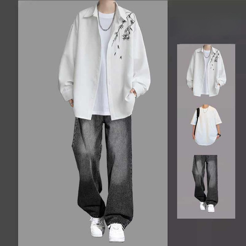 New Chinese-style shirt jacket for men, featuring a relaxed-fit design—perfect for pairing with denim jeans. A cool and stylish set that includes a trendy long-sleeve shirt from a popular brand.