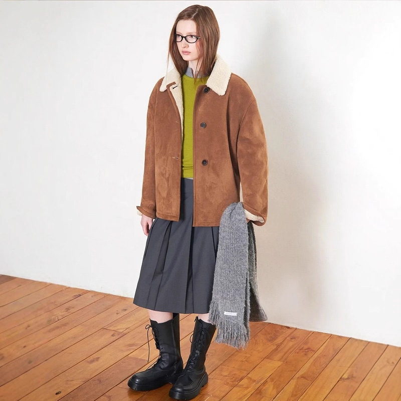 Korean Designer Lowcl*Sic Lapel Single-Breasted Suede Jacket Korean Style Women's Leather and Fur Integrated Coat