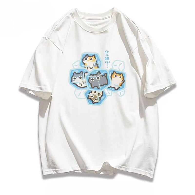 Pure Cotton Cute Ice Cube Kitten Print Short-Sleeved Korean Style Loose and Simple Summer T-Shirt for Men and Women