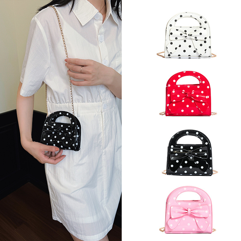New cross-border children's shoulder bag for girls, polka dot bow shiny small bag, cute girls' chain crossbody bag