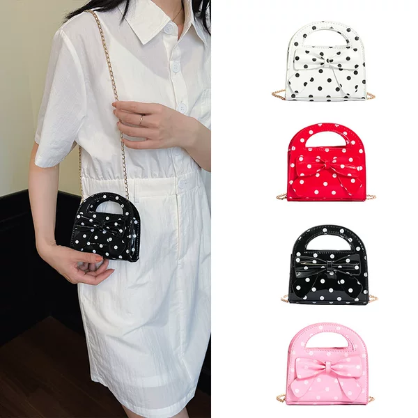 New cross-border children's shoulder bag for girls, polka dot bow shiny small bag, cute girls' chain crossbody bag