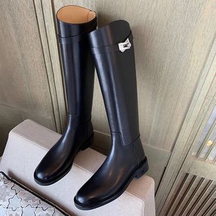 Grape Mom's Same Style Autumn and Winter 2024 New Thick Heel Thick Sole Fleece-Lined Mid-High Knight Boots Women's Boots