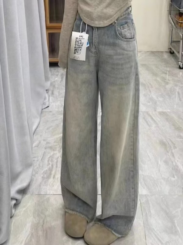 レトロな毛の縁のまっすぐな筒のジーパンの女性の春秋の新型のナシの形の体つきの大きいサイズの高腰はやせています。|undefined