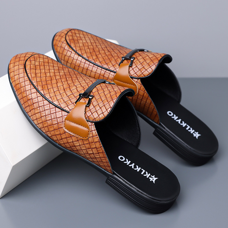 Klkyko Men's Half-Slip Leather Shoes Without Heel, Large Size Men's Casual Slip-On Shoes, Large Size Fashionable Closed-Toe Slippers