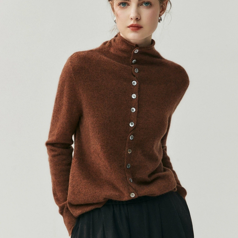 Maillard Fluffy Cloud-Like Cashmere Wool Rolled Edge Cardigan Lazy Two-Wear Knitwear Turtleneck Knitwear