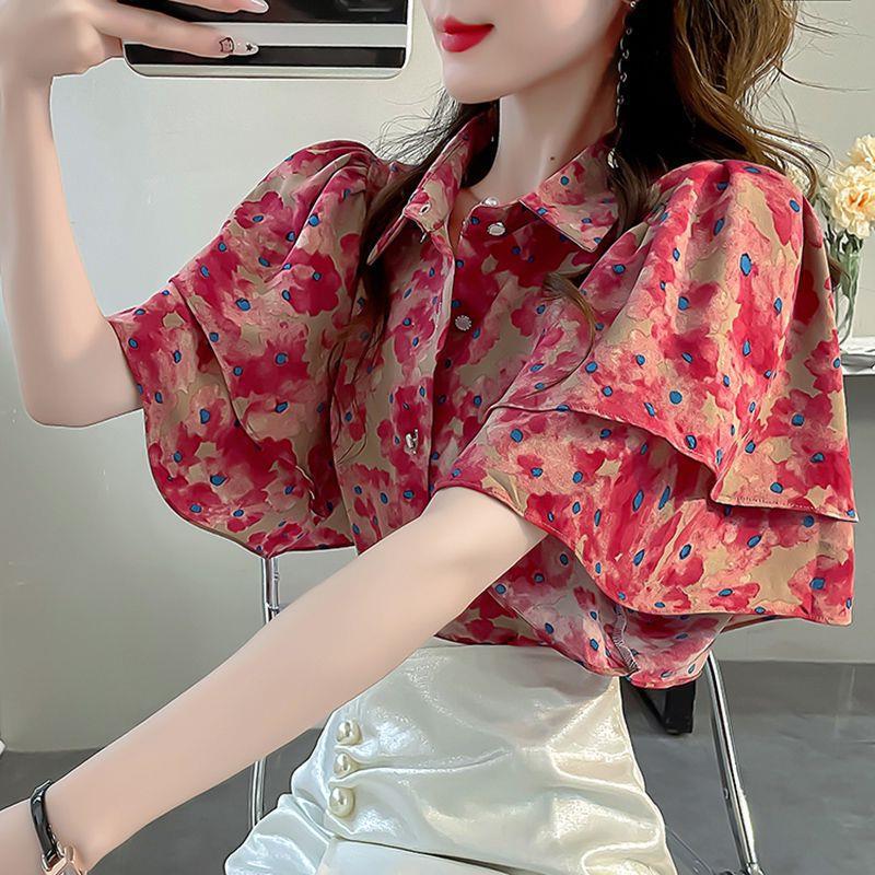 Sweet Print Shirt Women 2024 New Women's Summer Pink Grade Sense Short-sleeved Ruffled Shirt Top Women