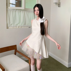 スポットホワイト気質バレエ風チュチュスカートスリムフィット不規則な裾ノースリーブベストドレス