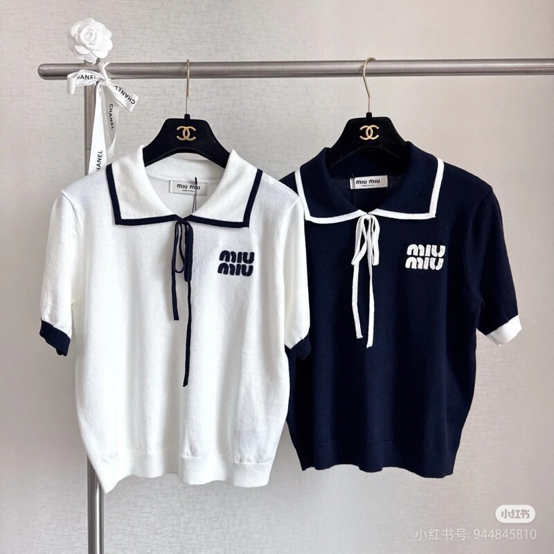 Miu Original Color-Blocked Lapel Lettered Lace-Up Knitwear Half-Sleeved Women's 2026 Spring and Summer New Short-Sleeved Shirt Top