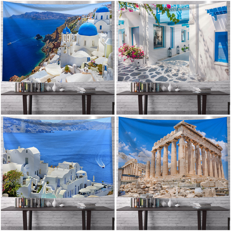 Transfronterizo griego fresco paisaje impresión decorativa de tela de renovación de la sala de tela de fondo vivo fábrica de tela al por mayor