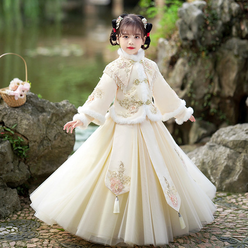 New Year winter hanfu for girls kids chinese ancient costume Qipao Cheongsam Dresses Girls chinese princess winter tang suit 