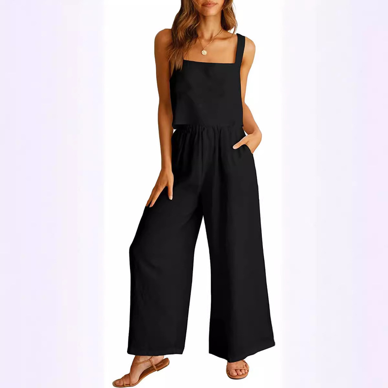 2023 Women's 2-piece Square Collar Linen Vest Navel Top Wide Leg Pants with Casual Suit Sportswear