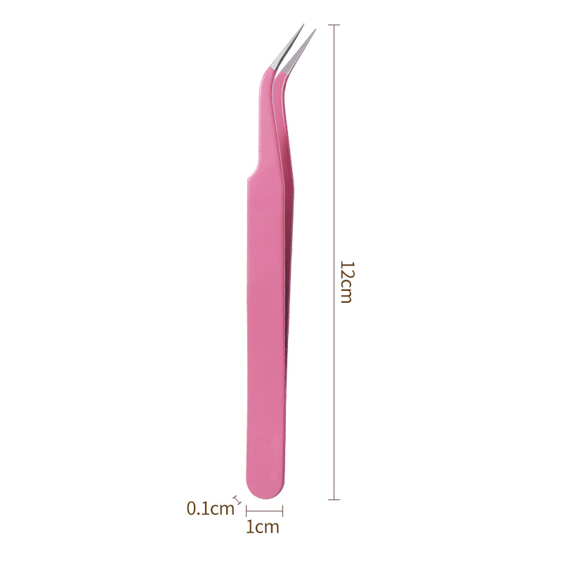 Pinzas para pestañas de acero inoxidable, punta curva, rosa
