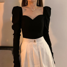 法式复古方领泡泡袖上衣女春秋季修身设计感长袖性感气质T恤打底