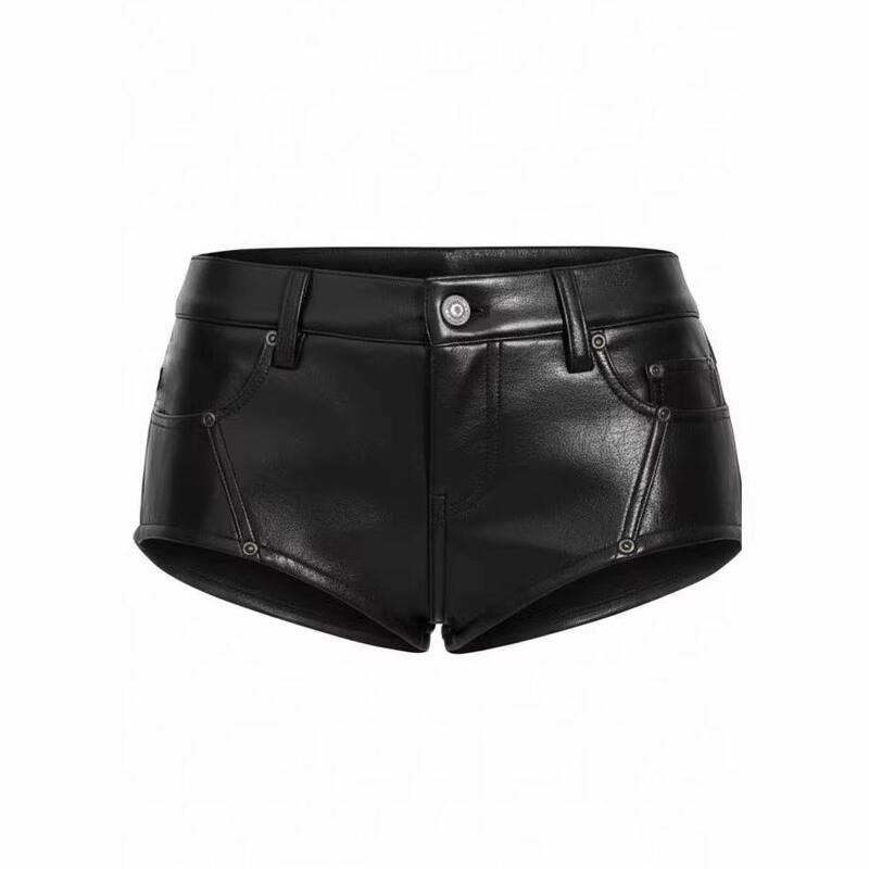Off-White Oil-Wax Texture Ultra-Short Leather Pants for Women, Retro Sexy Low-Waist Slim-Fit A-Line Hip-Hugging Hot Pants Trendy