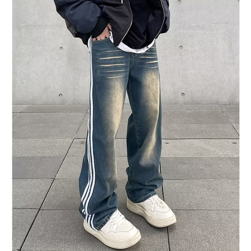 Jeans anchos de mezclilla para hombre, estilo vintage americano lavado, corte recto y suelto