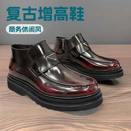 商务休闲日常时尚厚底鞋2025新款擦色小牛皮百搭男中高帮拉链短靴