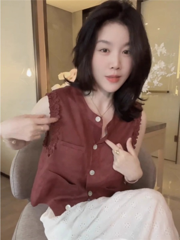 ノースリーブベスト綿とリネンのベストシャツ女性の夏のデザインニッチトップフレンチユニークでシックなラミーシャツ|undefined