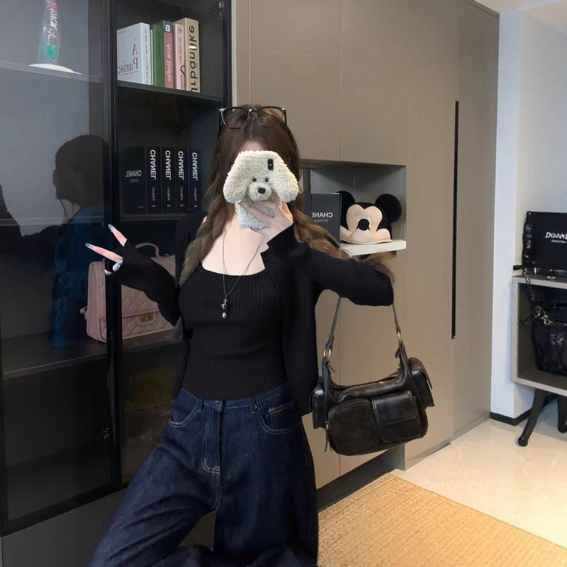温柔风时尚简约短款针织开衫女秋季高级感内搭叠穿吊带背心两件套|undefined