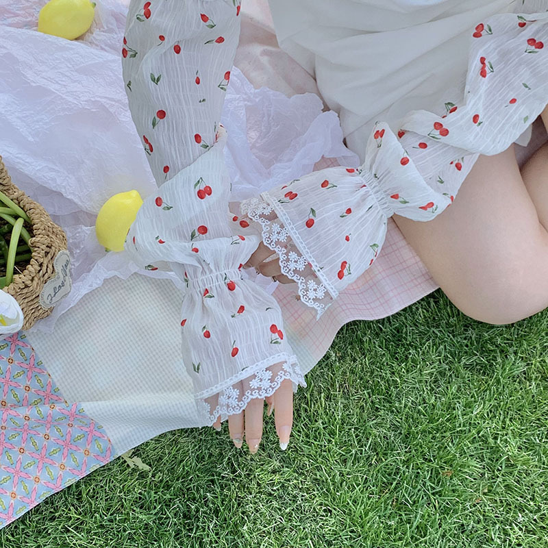 Mangas de hielo, mangas de protección solar, verano femenino, fresco, floral pequeño, encaje francés, sombreado, viaje en bicicleta, juego de máscara de manga de hielo