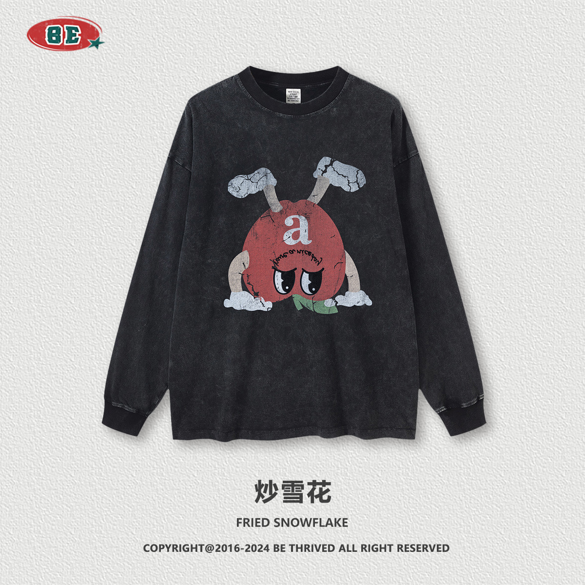 BE ropa de hombre | Camiseta Retro de Manga Larga para Hombre, Estilo Americano, Lavada, Estampada, con Diseño de Frijol M Invertido, de Algodón Puro, Desgastada, Primavera-Otoño 2025