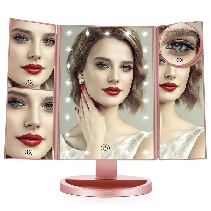 Espejo de maquillaje plegable LED de tres lados, espejo de maquillaje de celebridades de Internet, Interruptor táctil, espejo giratorio de 180 grados, espejo de maquillaje ligero de relleno de belleza